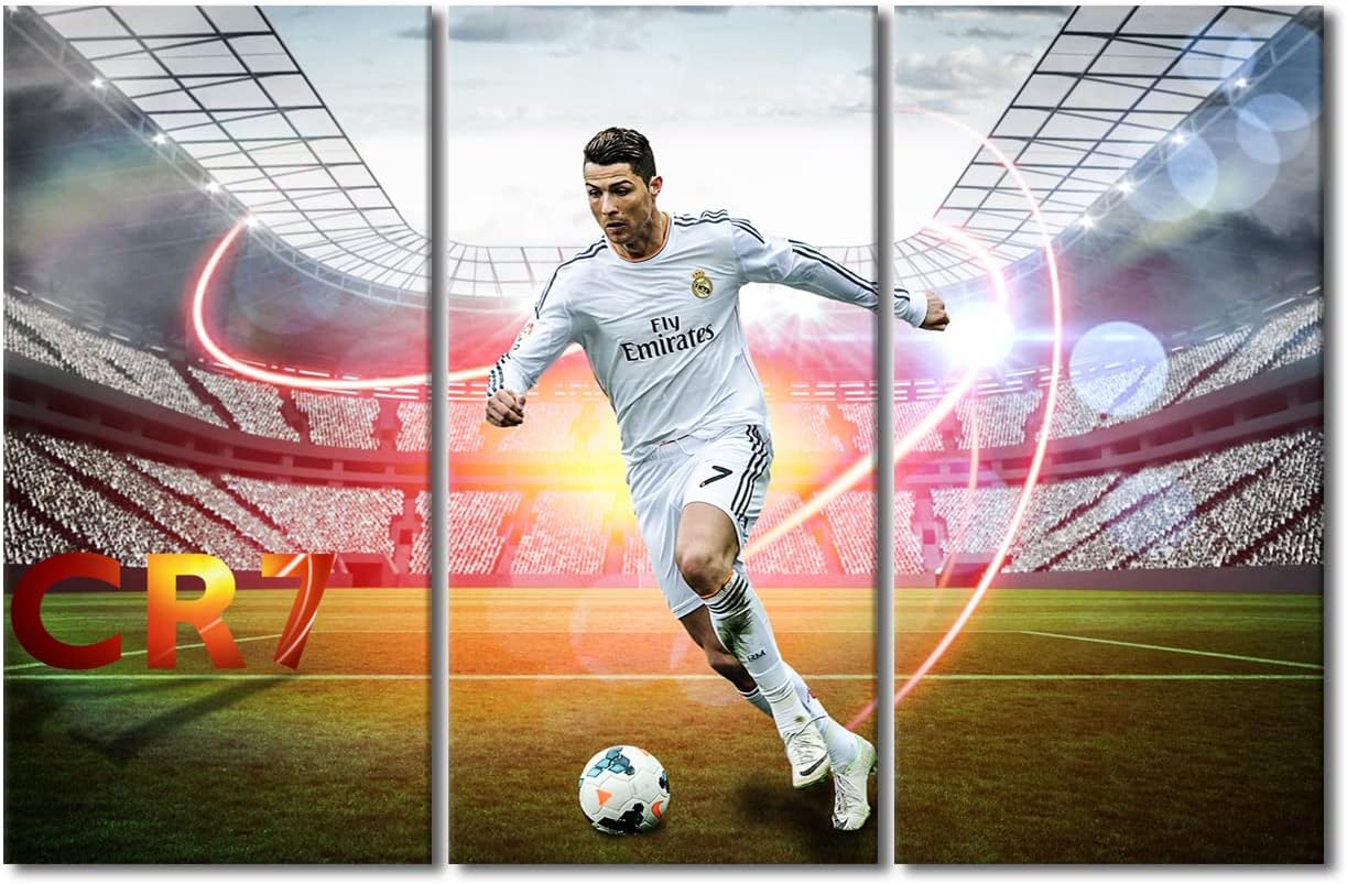 TISHIRON Stadium Mural 3 Pieces Canvas Wall Art Cristiano Ronaldo Paintings Soccer Superstar Poster Canvas Wall Art Print for Bedroom Living Room Office Decorations Framed Ready to Hang 42x28 in