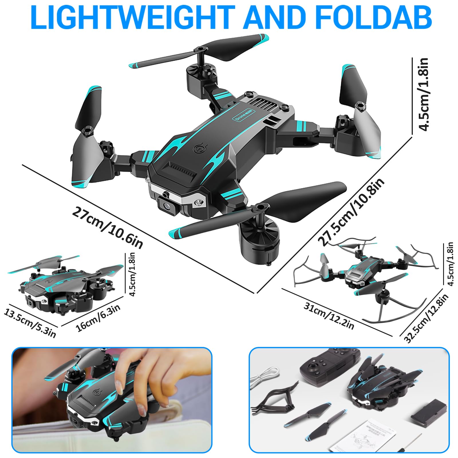 Drone con Doppia Camera HD per Principianti, Drone Pieghevole per Bambini, 3D Flip, Decollo/Atterraggio 1 Tasto, Modalità Headless, Volo a Waypoint, per Bambini o Novizi, 2 Batterie