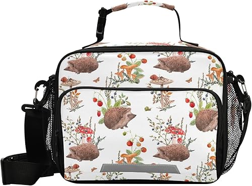Naanle Bolsa de almuerzo de erizo de otoño en acuarela con correa ajustable para el hombro, aislada, a prueba de fugas, caja de picnic, doble