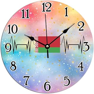 Patriotic National Symbolic Hanging Wall Clock Belarus Flag PVC Clocks for Wall Belarus Heartbeat Lifeline Art Clocks Quartz Battery Operated Silent Clock for Living Room 10x10in