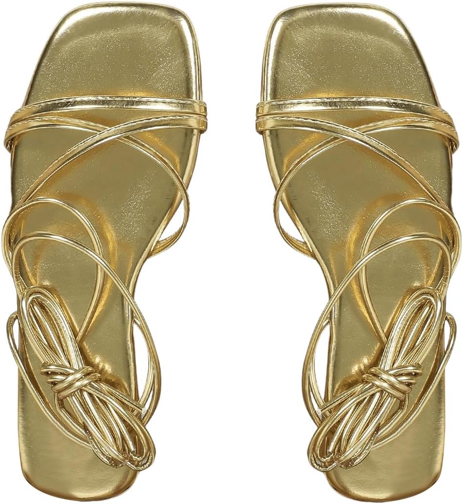 OYOANGLE Women's Lace Up Strappy Flat Sandals Metallic Summer Square Open Toe Sandal Tie Up Shoes