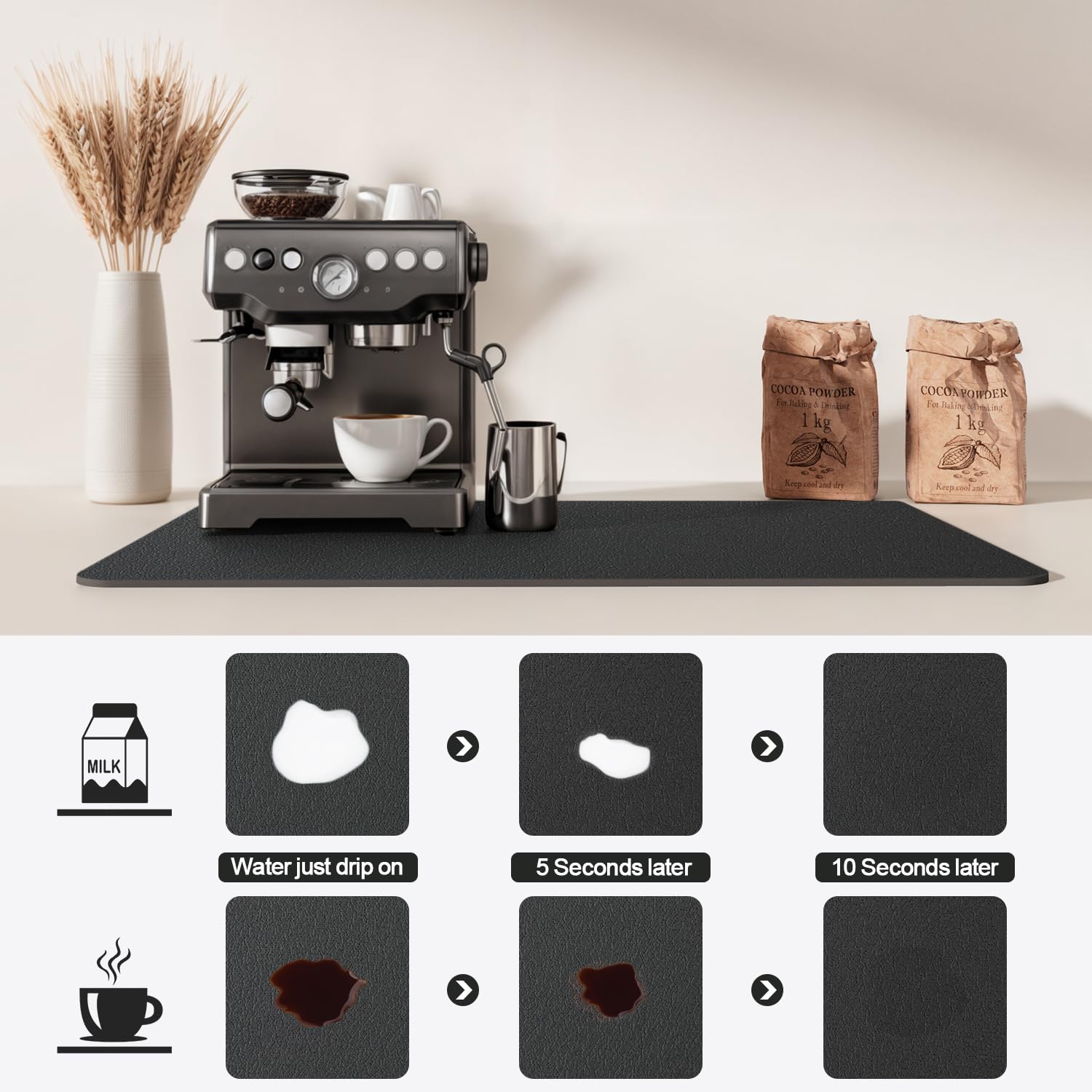 Ecotrim - Dish Drying Mat for Kitchen Counter | Coffee Bar Mat for Countertops | Heat Resistant Drainer Mat with Non-slip Rubber Backed | Hide Stain Kitchen Absorbent Draining Mat | Black 16"x20" 3