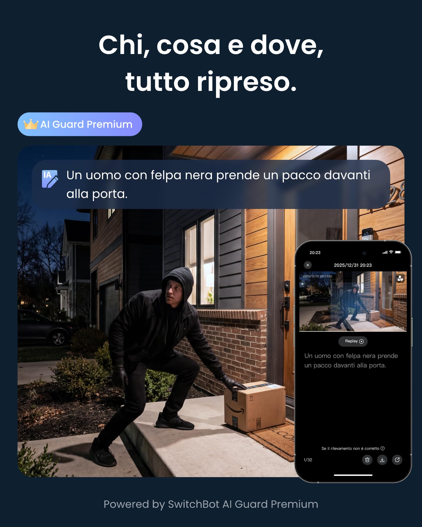 SwitchBot 3K Telecamera Da Esterno Wifi, Ricerca Video IA, Avvisi Scena e Report Giornalieri Attività, PTZ Tracciamento 360°, Wi-Fi 2,4 Ghz, Compatibile Alexa, Google Home e Home Assistant Via RTSP