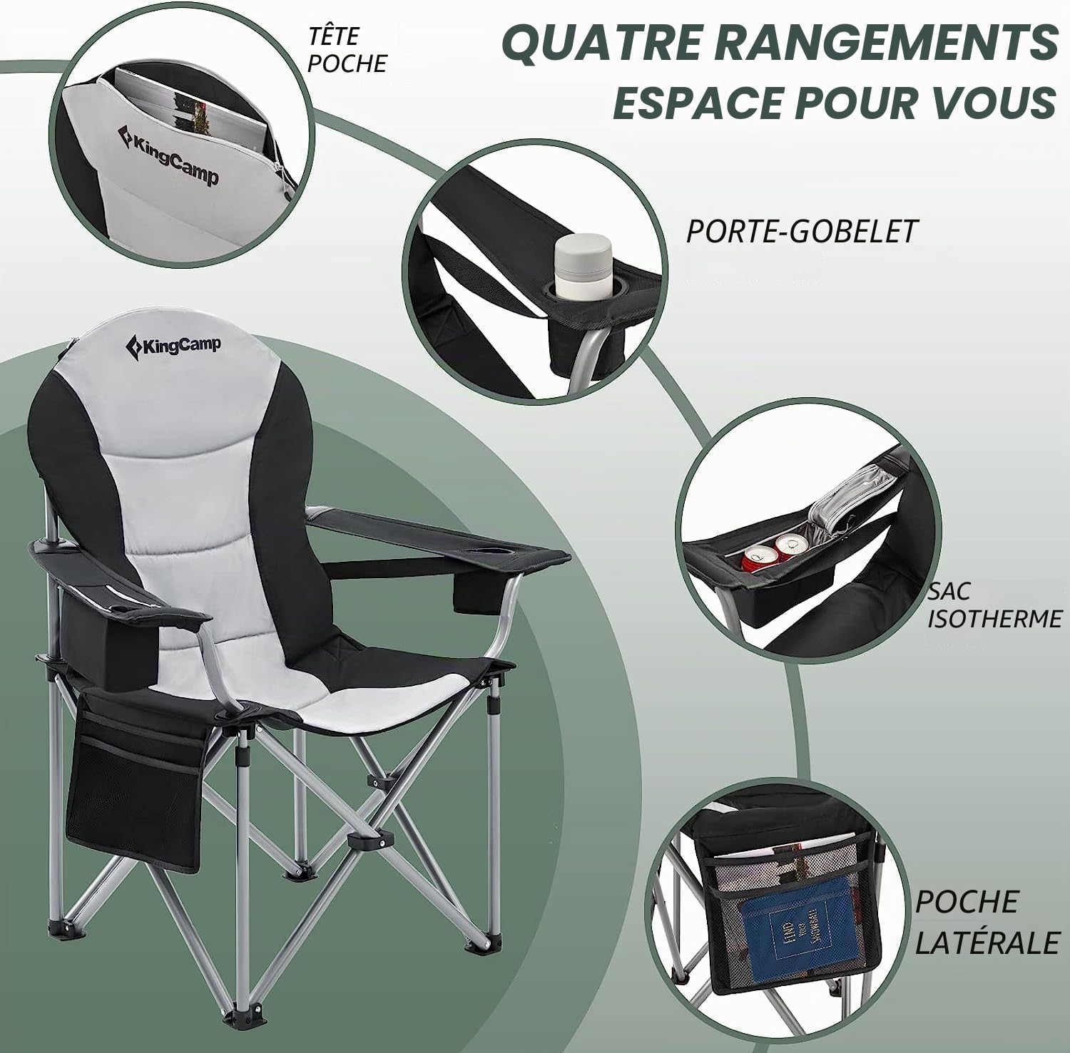 KingCamp Chaise de Camping Pliante XXL Ergonomique Rembourrée