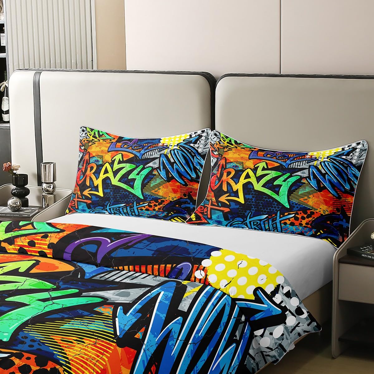 Homemissing Hippie Graffiti Style Housse de Couette 220x240cm 100% Coton Adolescent Hip Hop décoration Enfants Parure de Lit Garçon Fille Graffiti Motif Literie Set Street Culture Série 3 pièces