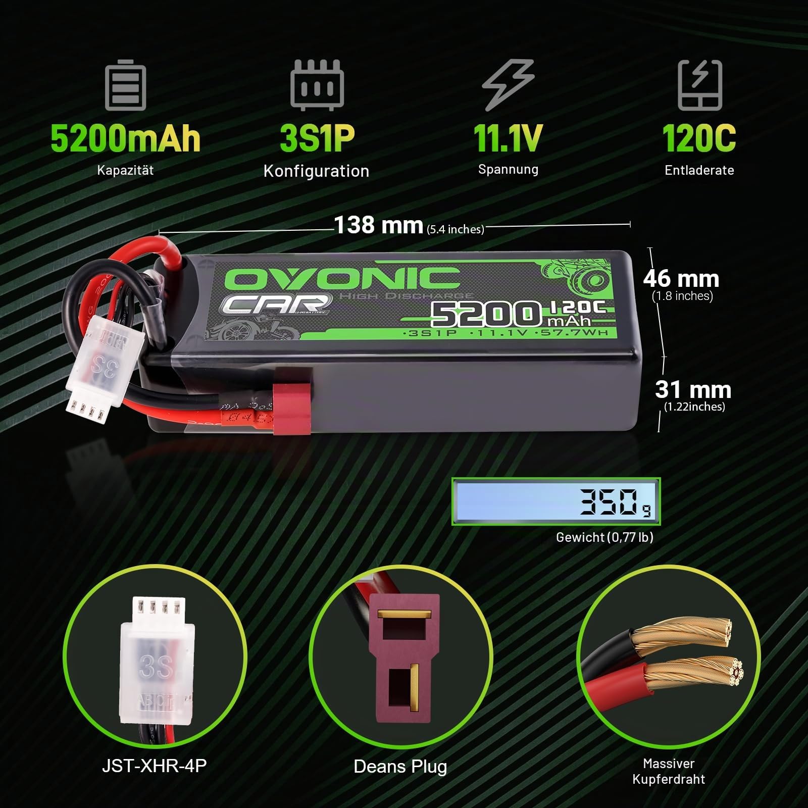 OVONIC 3s Lipo Akku 11.1V 5200mAh 120C mit Deans T Stecker Lipo Batterie für RC Auto Truck Truggy Quadcopter Hubschrauber LKW Boot Flugzeug(2PCS)