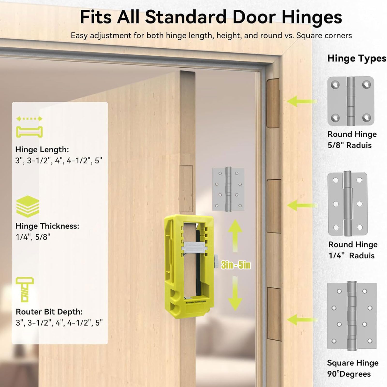 YUEHISY Router Template for Door Hinges - Mortiser Jig - Self-Centering Drill Bit & Depth - Fits 3"-5" Hinges - Image 3