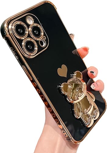 Bonita funda compatible con iPhone 13 de 6.1 pulgadas, soporte de TPU suave con diseño de oso de dibujos animados chapado en oro para mujeres y