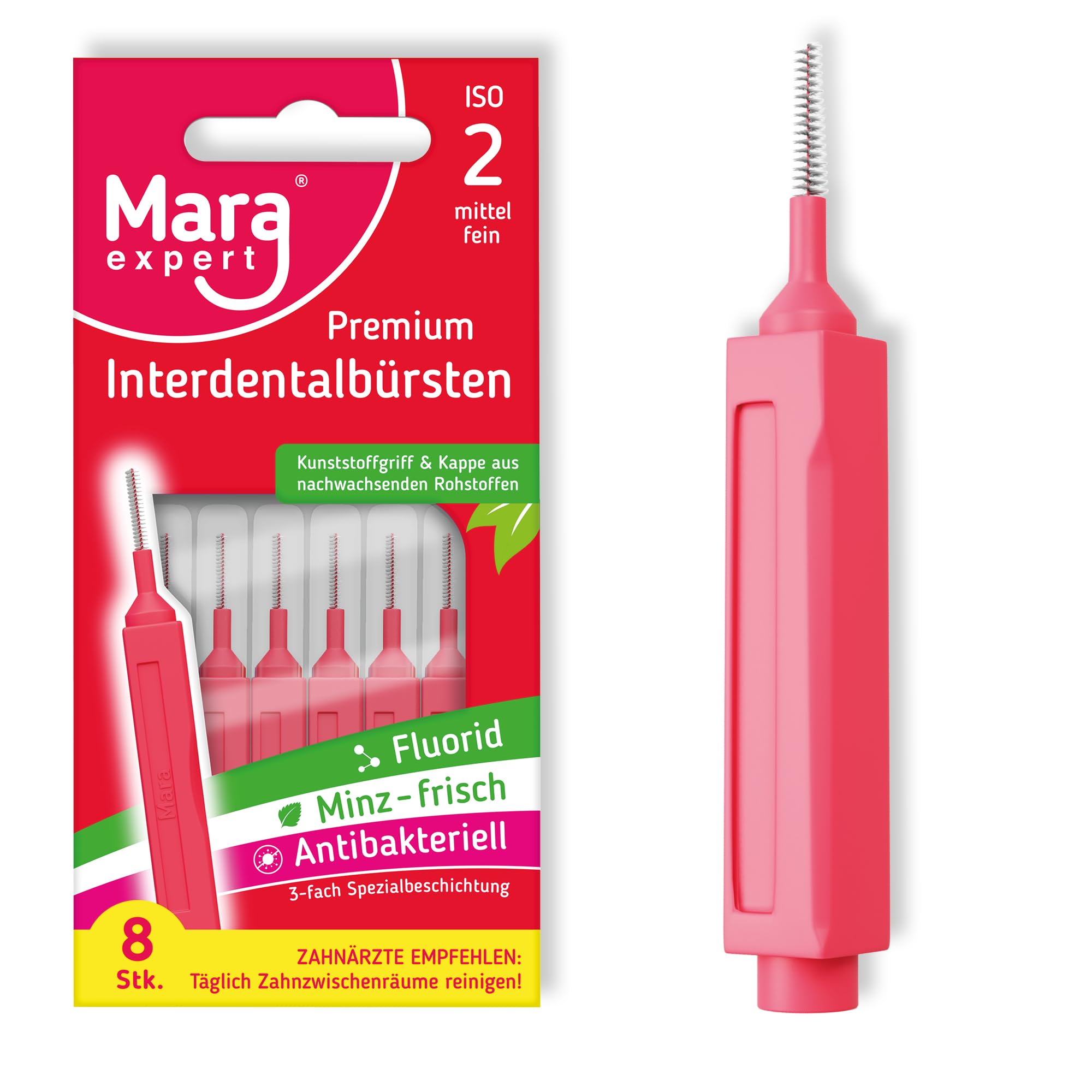 MARA EXPERT Cepillos interdentales ISO 2 – 10 x 8 cepillos interdentales rosa – Cepillo interdental con cerdas naturales – Manual, estacionario, para dientes, implantes, coronas, aparatos ortopédicos