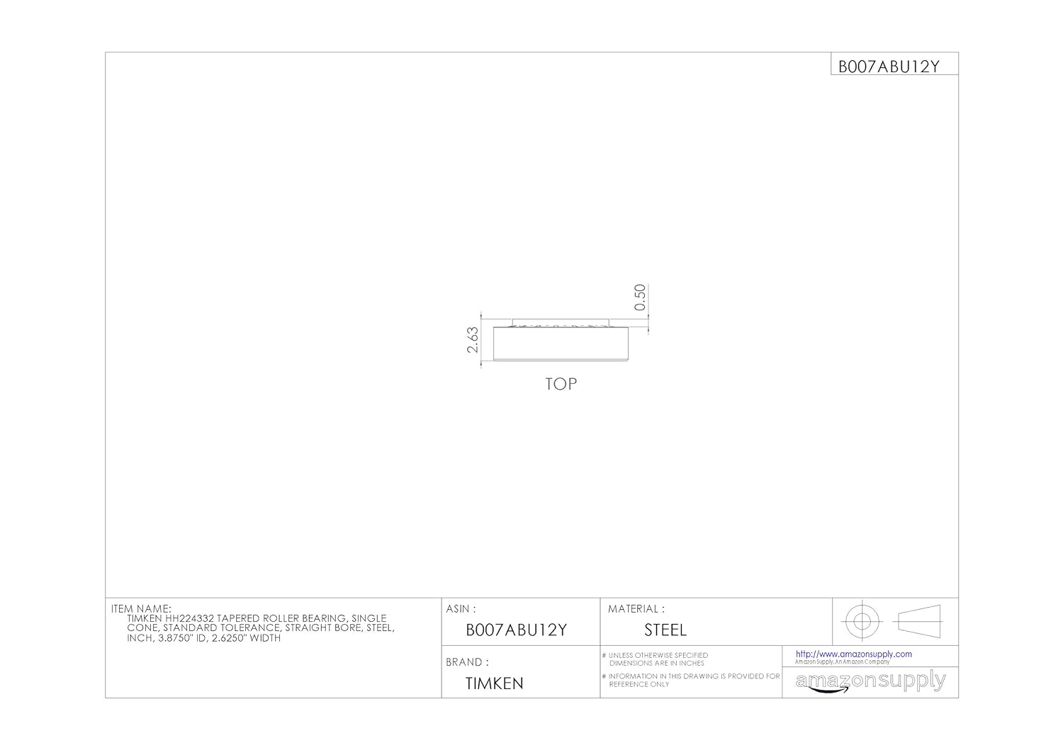 Technical drawing of Timken HH224332 bearing, top view