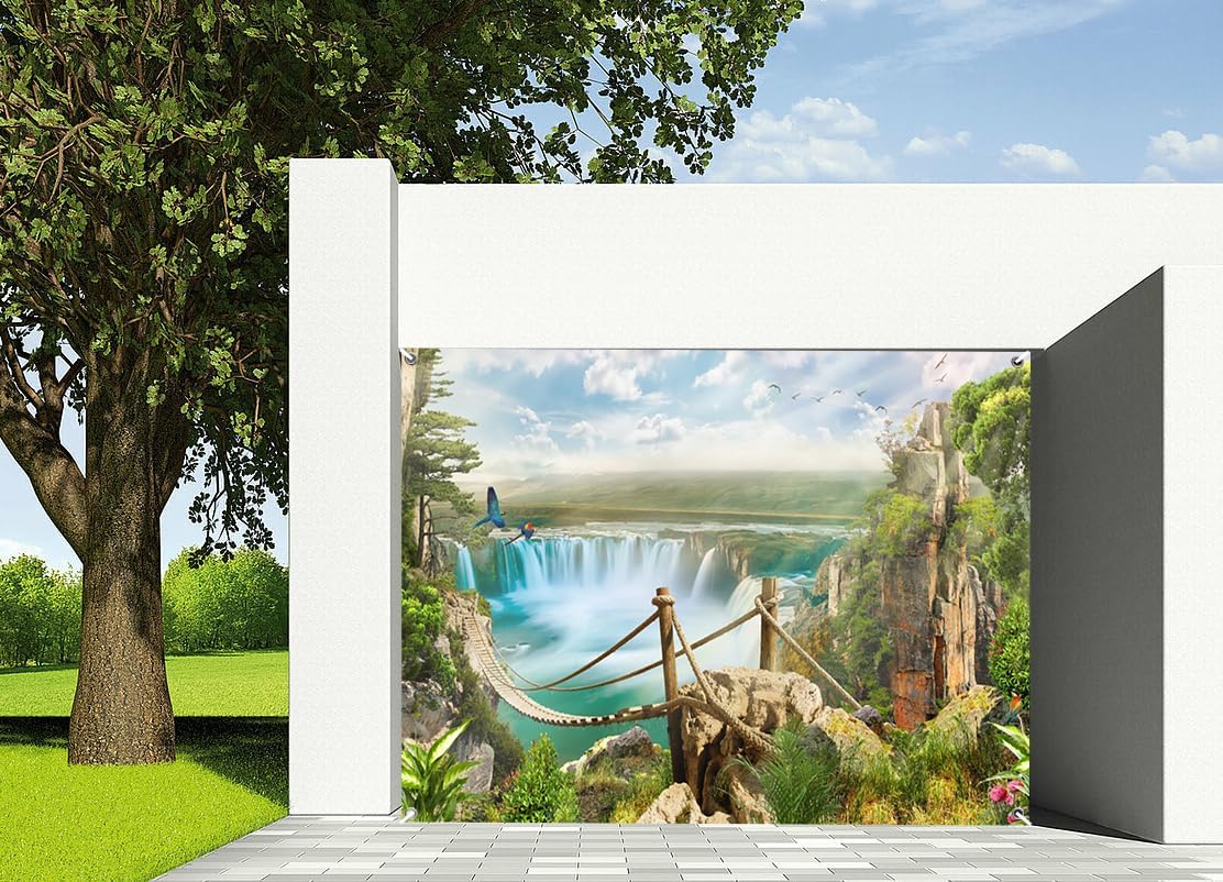 7x8ft Waterfall Landscape Garage Door Decor Mountains River Green Forest Clear Blue Sky White Clouds Garage Door Backdrop Outdoor Travel Hiking Spring Theme Party Decoration