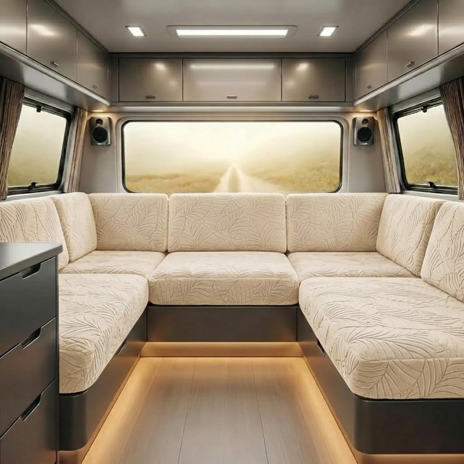Stretch Caravan Cushion Covers Water Resistant, Jacquard Leaf Campervan Seat Slipcover with Straps, Motorhome Couch Protector(S8,W 120-140cm*D 40-65cm)