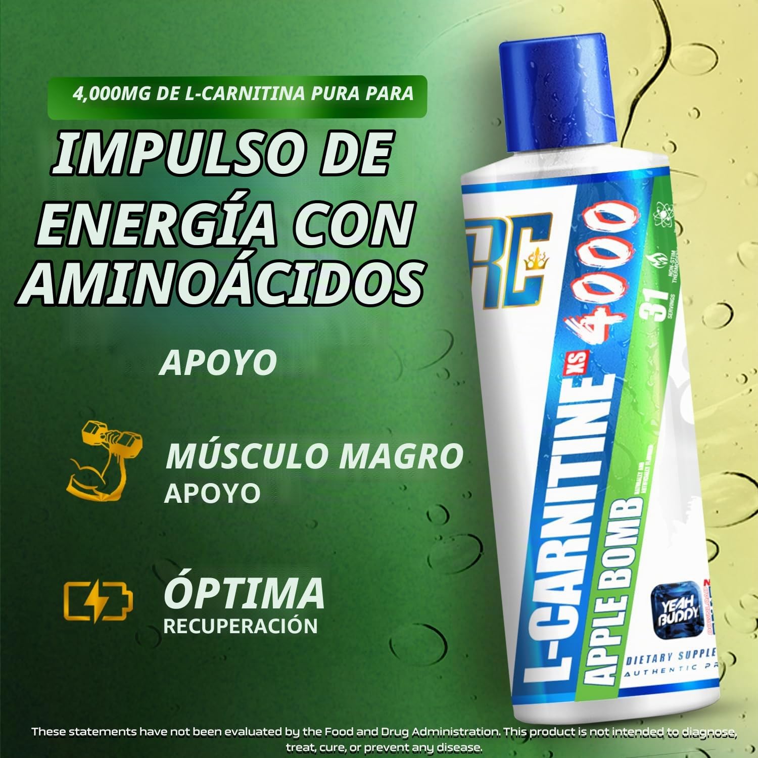 l-carnitina 4000 Ronnie Coleman Signature Series L Carnitine XS Líquido, sin estimulantes, sin azúcar, cero carbohidratos, soporte de fuerza muscular magra para hombres y mujeres, 16 onzas (16 onzas, bomba de manzana ( energy-supplement