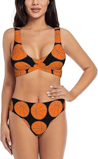Women's Two Piece Bikini Set - Mid Rise Bathing Suit, Basketball Orange Abstract Sport Swimsuit