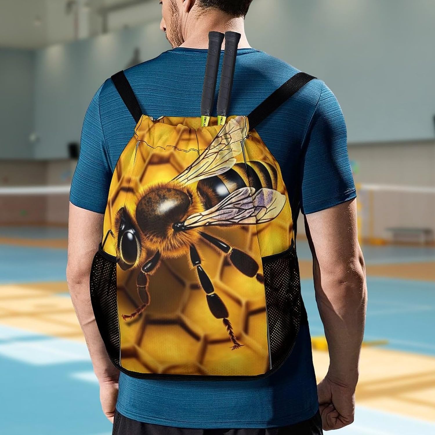 Small Gym Bag Yellow Honey Printed Drawstring Gym Bag for Men Lightweight Waterproof Drawstring Backpack for Women with Shoe Compartment for Travel Tourism Work And Fitness