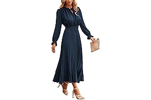 Women's Blue Long Sleeve V Neck Swiss Dot Dress