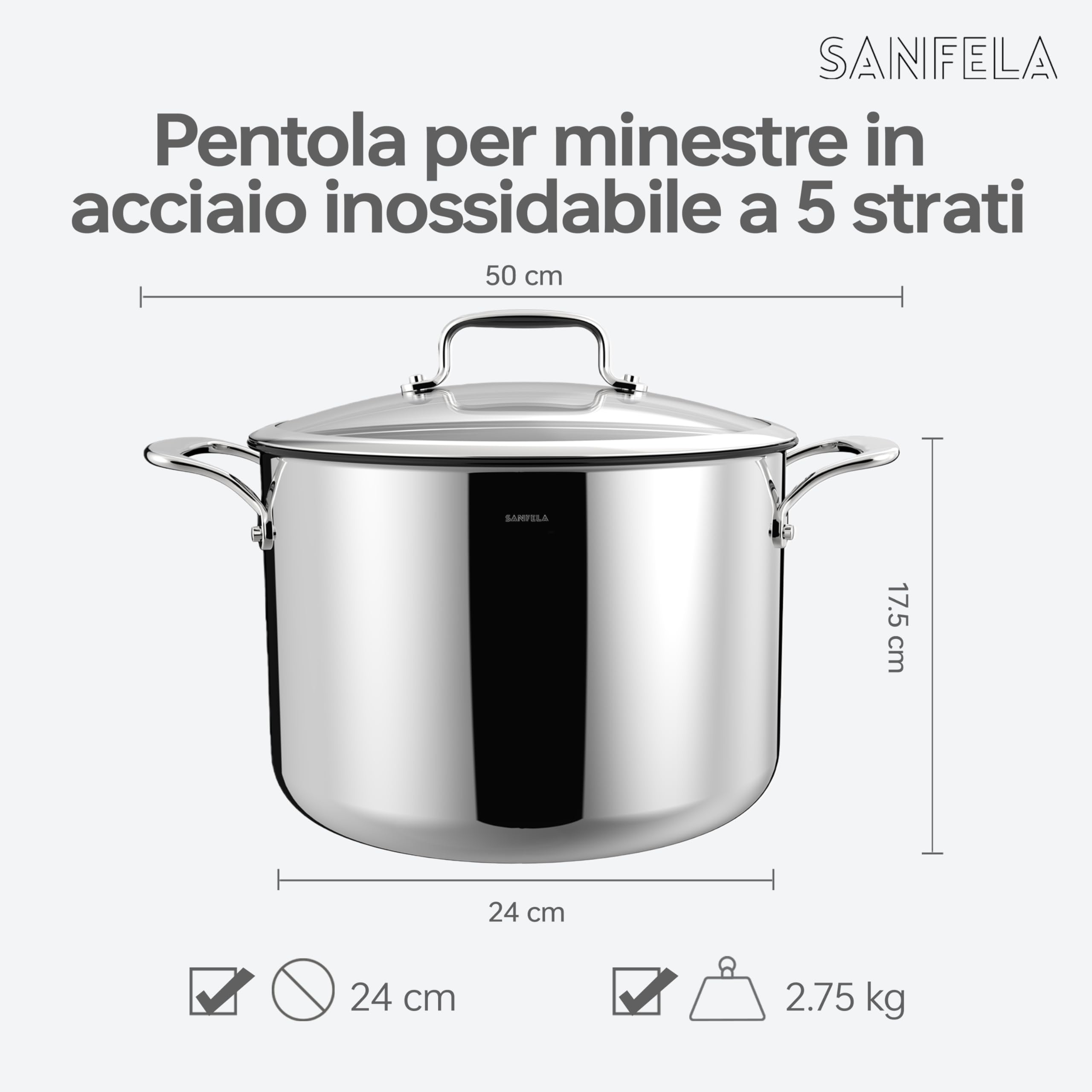 Pentola in acciaio inossidabile SANFELA da 8 litri/24 cm con coperchio in vetro, pentole in acciaio inossidabile a 5 strati, compatibile con l'induzione