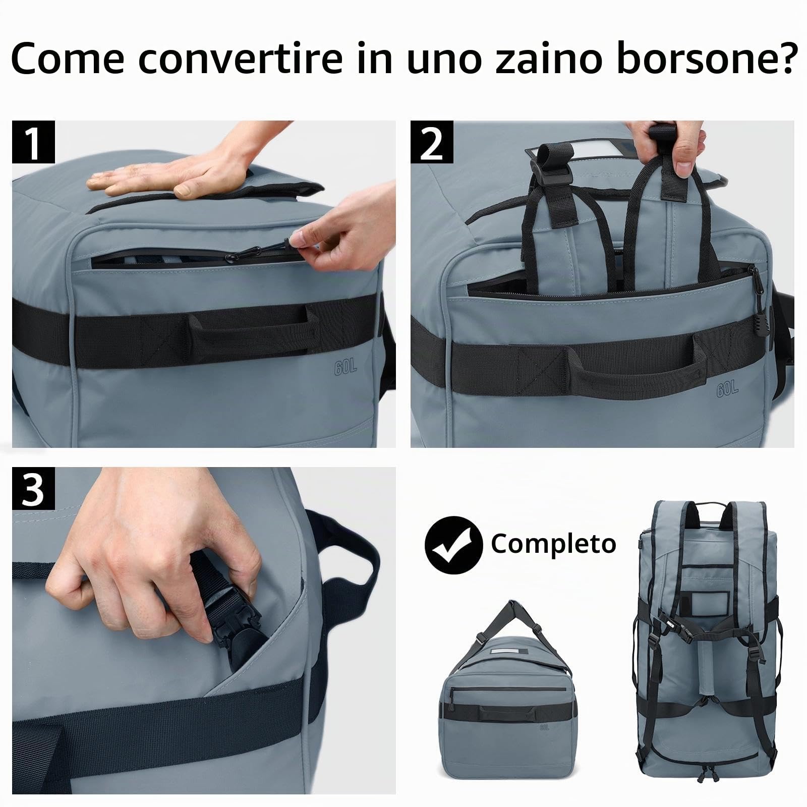 MIER Borsa sportiva impermeabile, resistente e convertibile, con cinghie e scomparto per scarpe, per palestra e sport, viaggi, 90 L, grigio