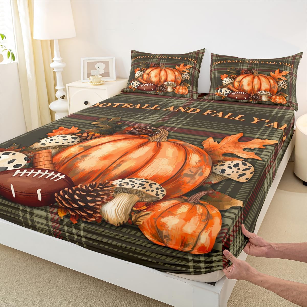 Erosebridal Fall Football Twin Bed Sheets, Autumn Leaves Pumpkin Bedding Set, Thanksgiving Harvest Theme Fitted Sheet Farmhouse Country Bedroom Decor, Buffalo Plaid Bed Set 3 Piece
