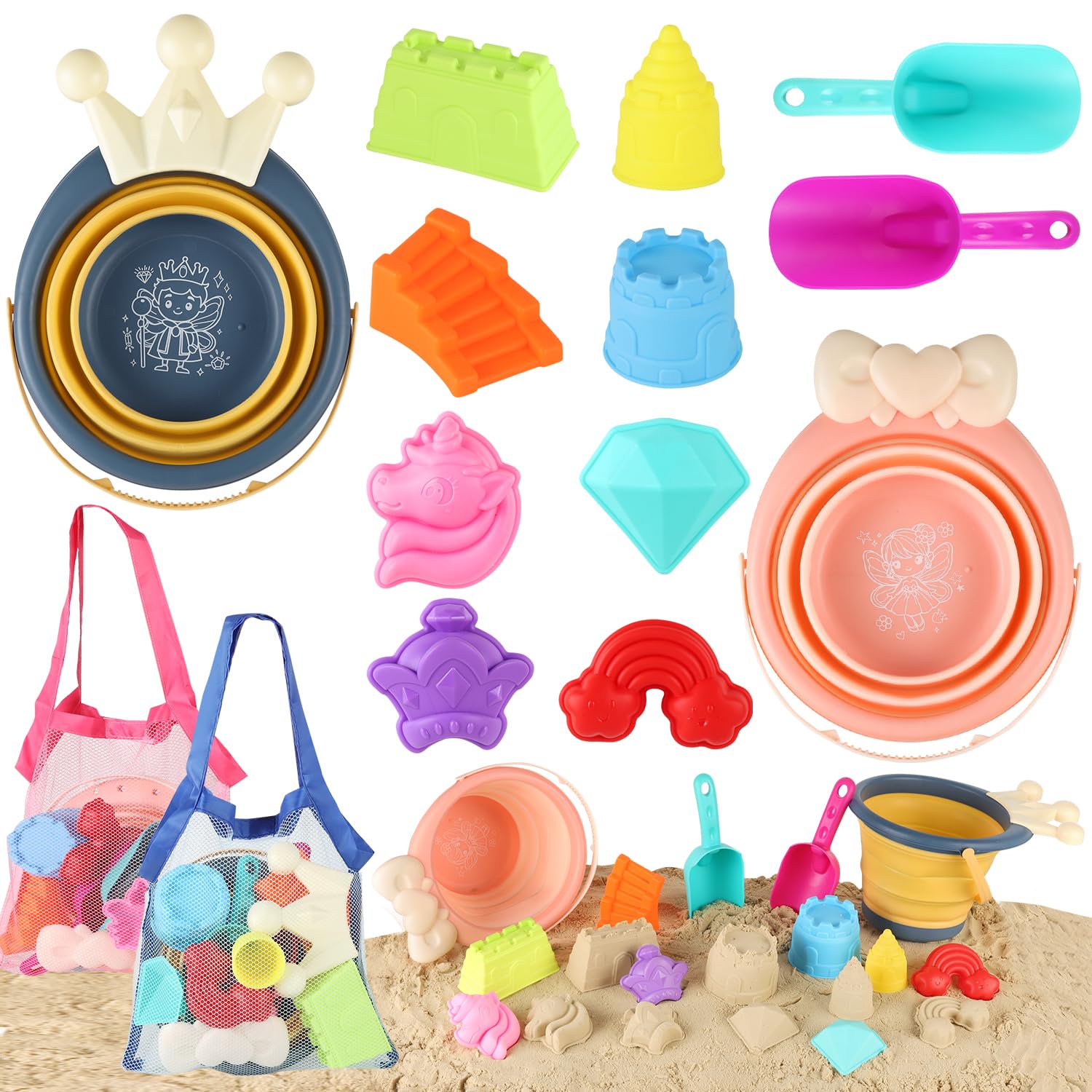 Yrkidstoi Beach Sand Toys, 2 Collapsible Buckets and Spade Set with Mesh Bags and Sand Moulds,Sandpit Toys for Kids Toddlers Summer Outdoor Travel Toy Holiday Essentials