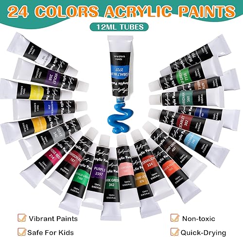 Vista 10 de koseibal Juego de pintura acrílica para niños, kit de suministros de pintura artística con 18 pinturas, 5 paneles de lienzo, 8 pinceles, caballete