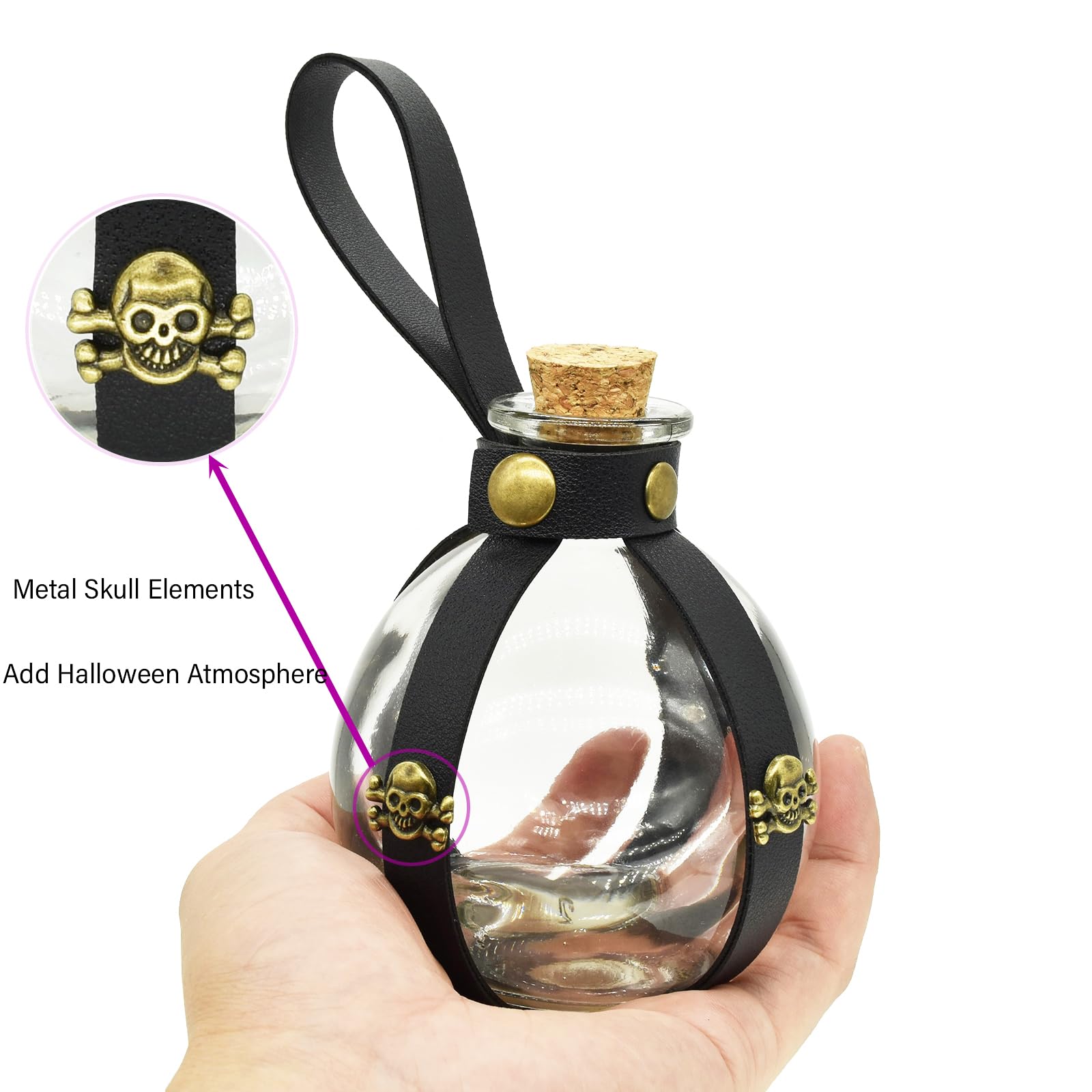 Botella de poción mágica oscura para cosplay, decoración de Halloween, accesorios de disfraz de mago negro y bruja, jarrón de botellas de vidrio con tapón de corcho, accesorios de lazo de cuero 3