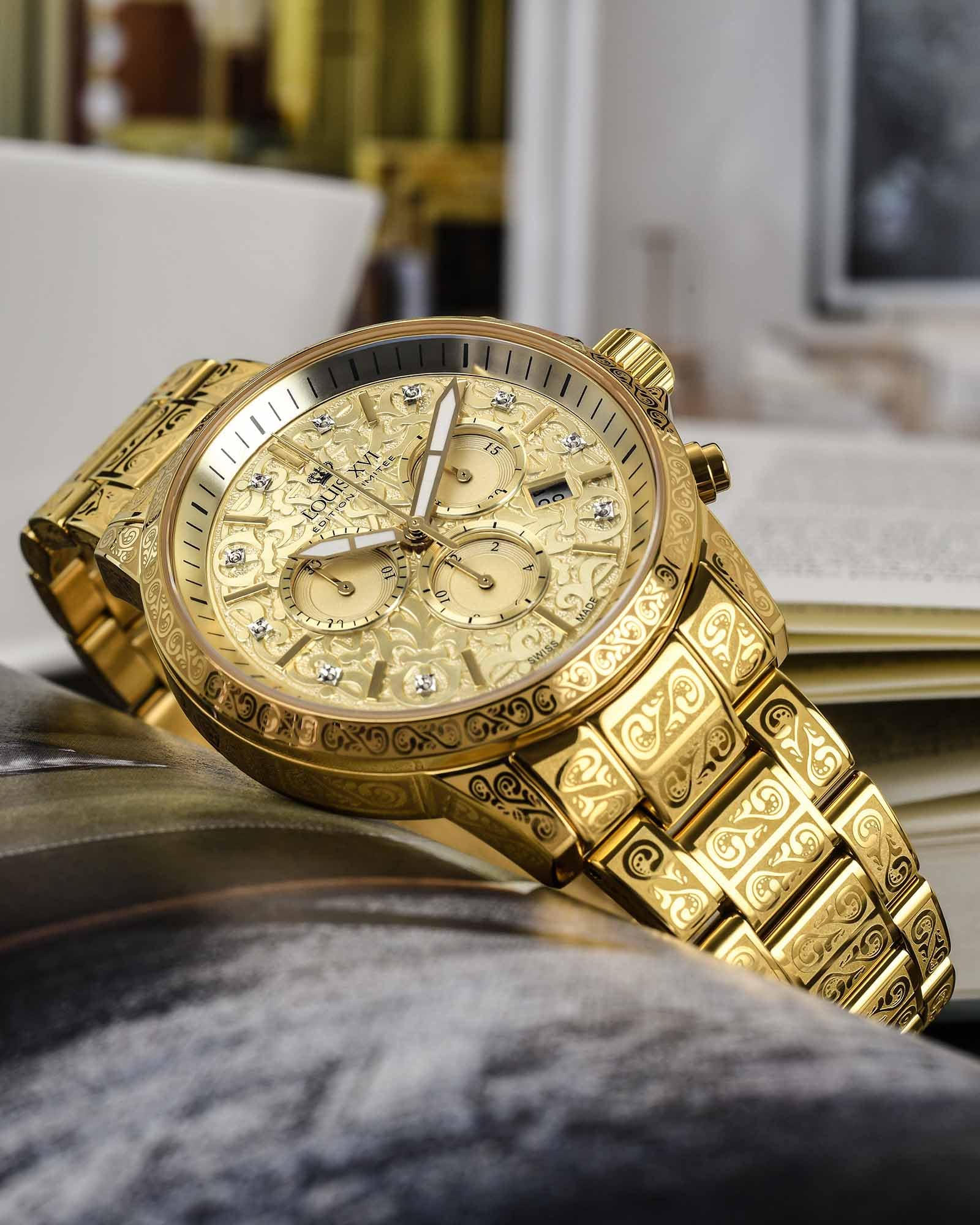 LOUIS XVI Palais Royale 2.0 1801 - Ø 43 mm - Herren Uhr - Wasserdicht - Uhr Vergoldet - Armband Gold - Zifferblatt Gold mit Diamanten - Schweizer Quarzwerk