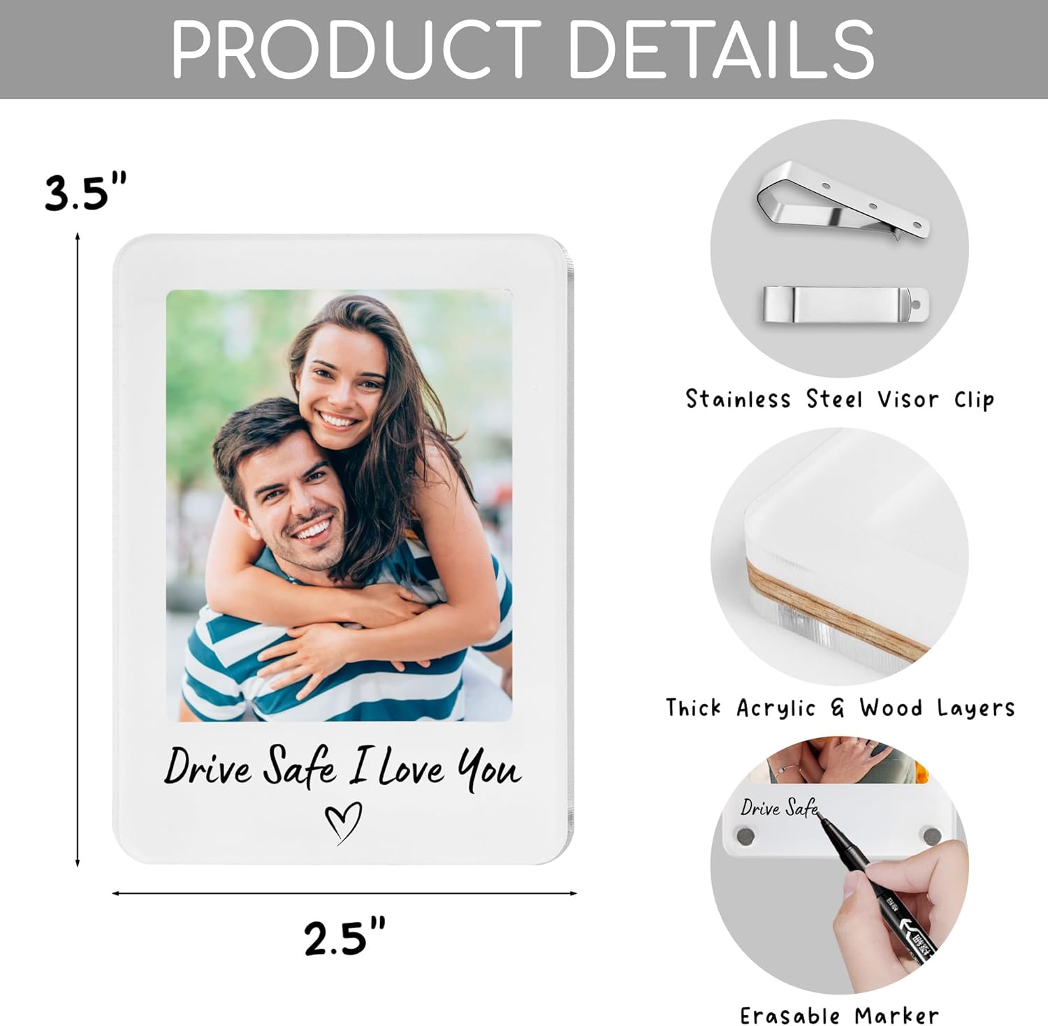 Car Visor Photo Clip Car Gifts for Boyfriend, Husband, Valentines Day Gifts Sun Visor Clip Photo Frame Picture Holder, Drive Safe I Love You Magnet Acrylic Sunvisor for Couple (Personalized Text) - Image 5