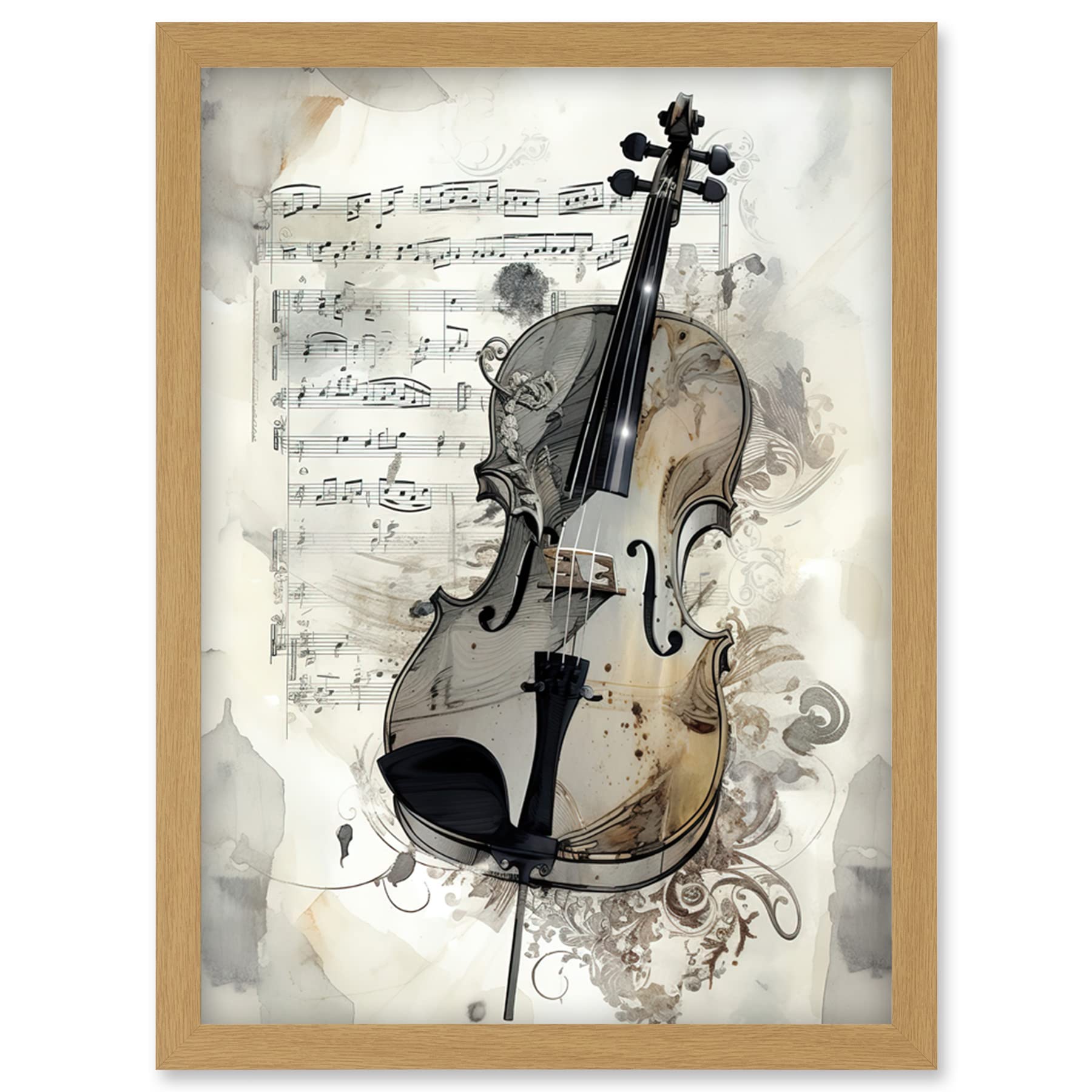 Artery8 Violin Instrument and Sheet Music Modern Monochrome Watercolour Illustration Artwork Framed Wall Art Print A4