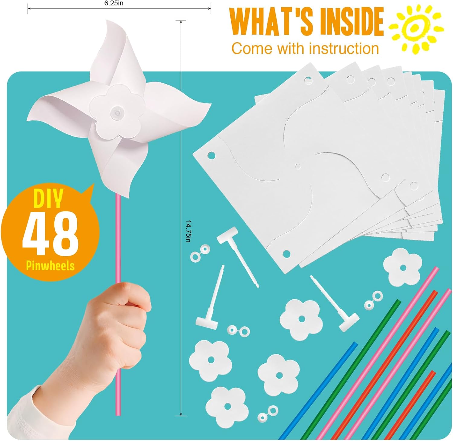 KwestSync 48 Pack DIY Pinwheels for Kids - Bulk Spring Summer Crafts for Kids 3-5, 4-6, 4-8, Color Your Own Paper Windmill - Great Activity for July 4 Mother Day Classroom Birthday