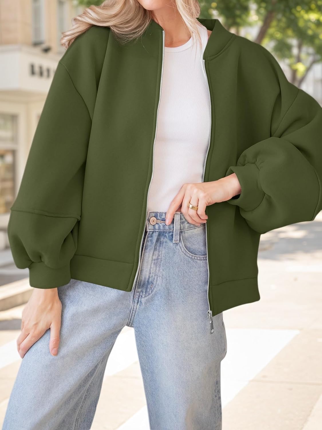 Fisoew Womens Zip Up Sweatshirt Casual Bomber Jacket Lantern Sleeve Oversized Jacket Fall Outfits 2025 - Image 4