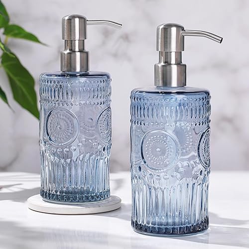 2 paquetes de dispensador de jabón de manos azul de 17 onzas, dispensador de jabón de vidrio recargable con bomba de acero inoxidable para cocina y
