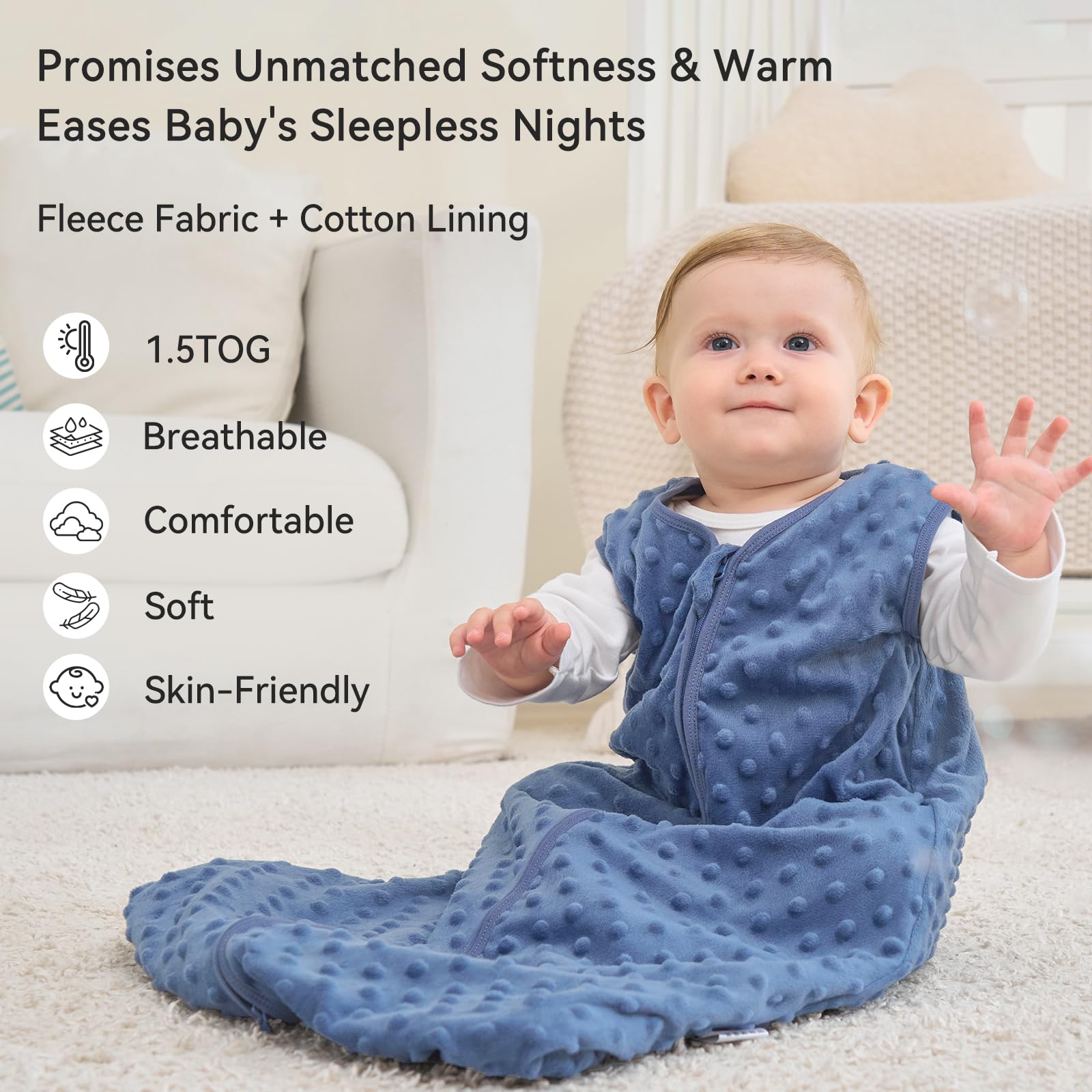 Unnivoll Baby Sleeping Bag 1.5 Tog with Plush Dots Sleep Bag 2 Pack Baby Sleep Sack Wearable Blanket for Newborn Infant 6-12 Months Blue&Green — view 2