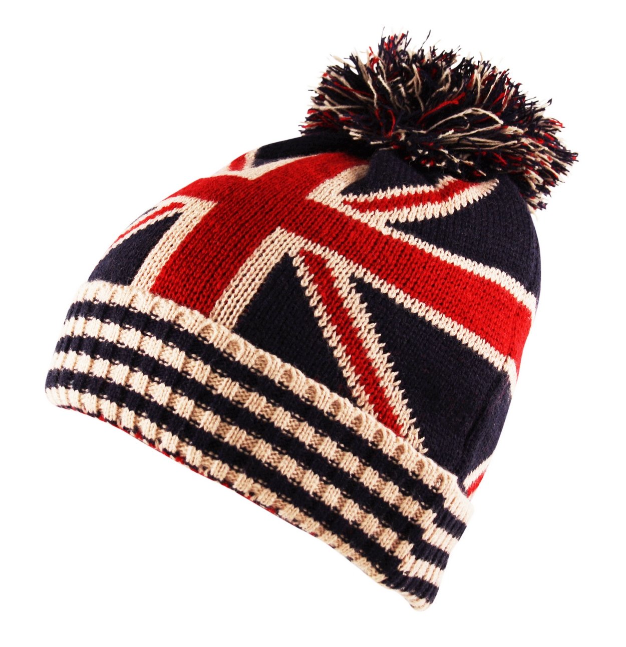 Itzu Men's Navy Blue / Red / Cream Union Jack London Knit Winter Beanie Hat Bobble Pom Pom Turn Up In Navycream