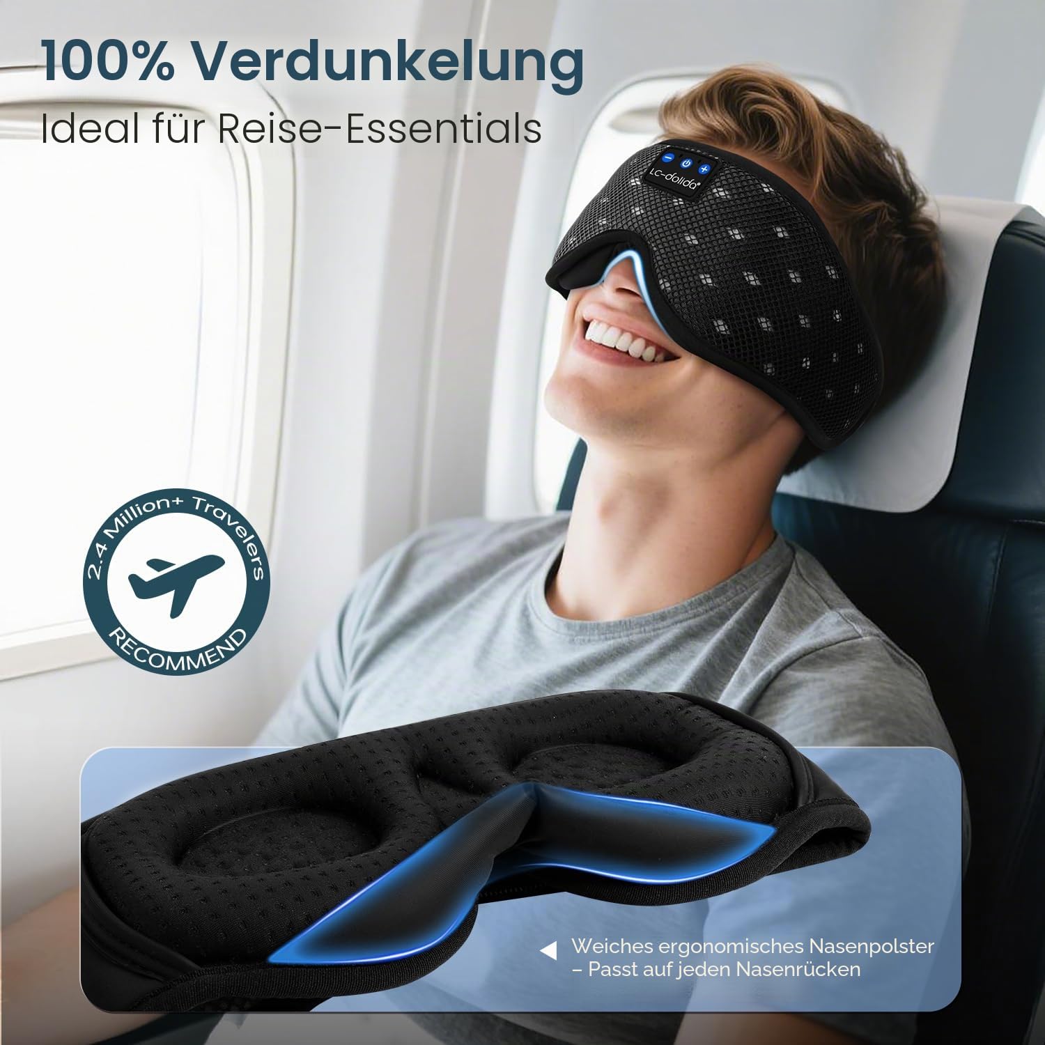 LC-dolida Schlafmaske mit Kopfhörer Bluetooth V5.4, Ultraweiche 3D Schlafkopfhörer Kopfhörer zum Schlafen für Frauen Herren,Augenmaske Schlafbrille mit Mikrofon für Reisen/Nickerchen/Yoga/Meditation