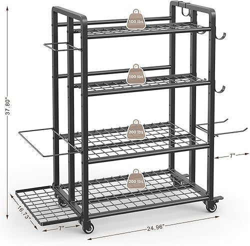 Miniatura 6 de 4-Tier Dumbbell Rack Stand Only, Adjustable Weight Rack for Dumbbells Kettlebells Yoga Mat, Home Gym Storage Rack with Wheels and Hooks, Powder