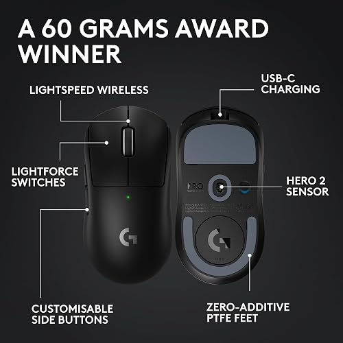 Logitech G PRO X SUPERLIGHT 2 wireless gaming mouse, East Europe Packaging, 60 g pro-grade mouse with 5 programmable buttons, 44k DPI sensor, 8 kHz report rate, USB-C charging for PC/Mac - Black - 7