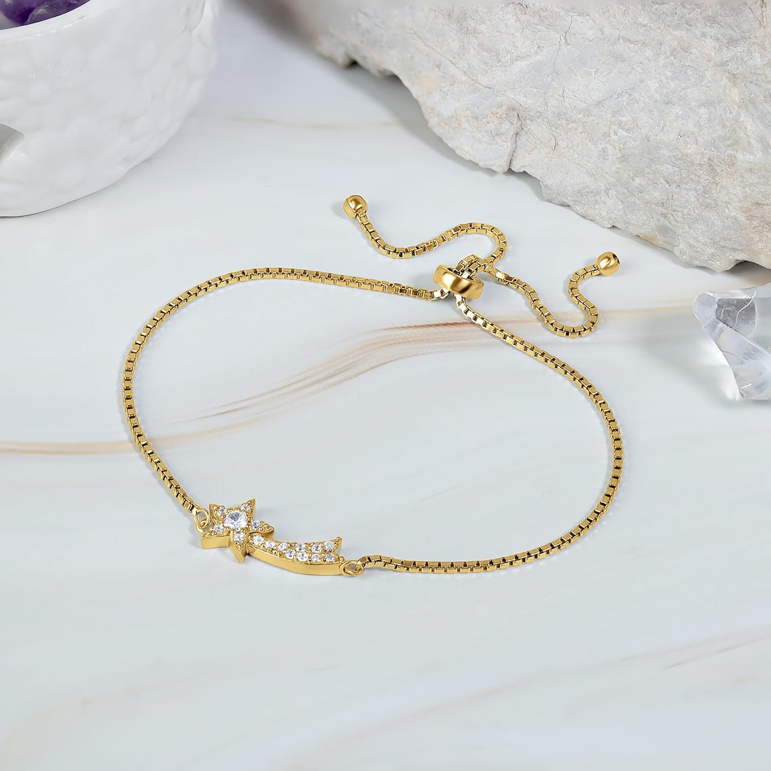 Hoops & Loops Shooting Star Bracelet, 925 Sterling Silver Cubic Zirconia Adjustable Pull Tie Bracelet for Women Men Teens, Silver/Gold/Rose Gold - Image 5