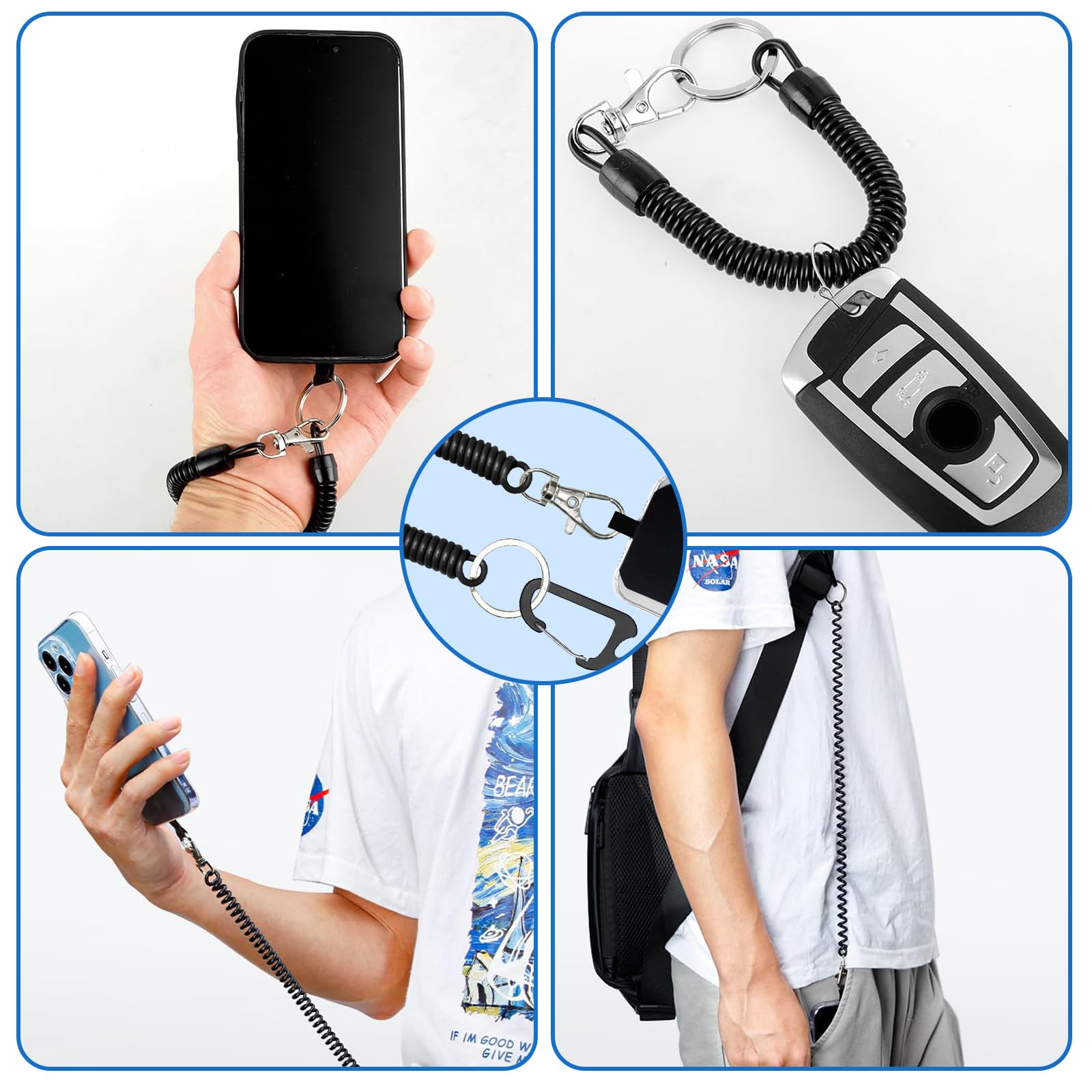 COCASES Mobiele telefoonketting, flexibele spiraalkabel, universele sleutelhanger met koord, compatibel met iPhone/Samsung/Huawei (2 inzetstukken, zwart