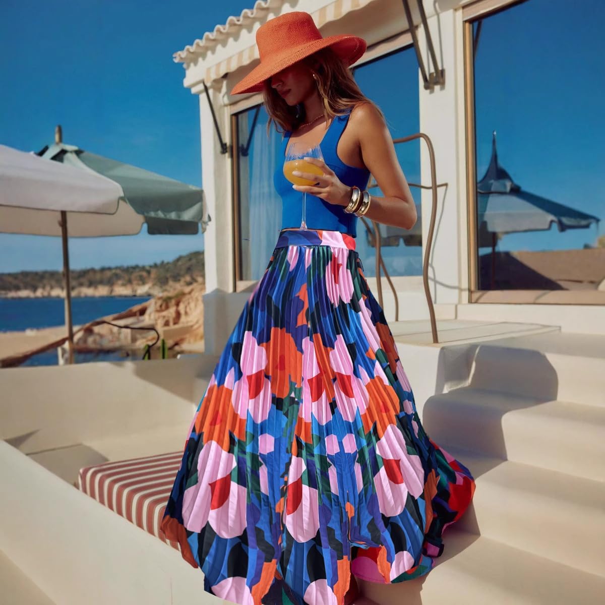 Women's 2025 High Waist Floral Long Skirts Boho Pleated Swing A Line Beach Maxi Skirt - Image 2