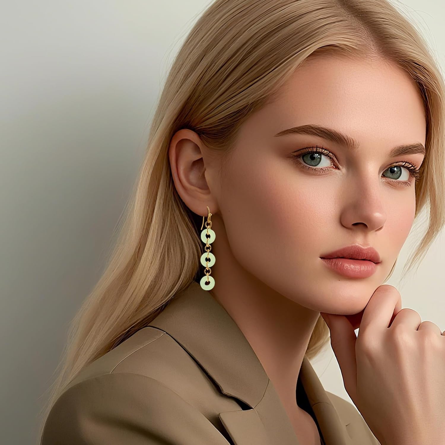 Gold Dangle Jade Earrings for Women with Three Green Jade Circles Long Elegant Statement Earrings Emerald Green Jewelry - Image 3