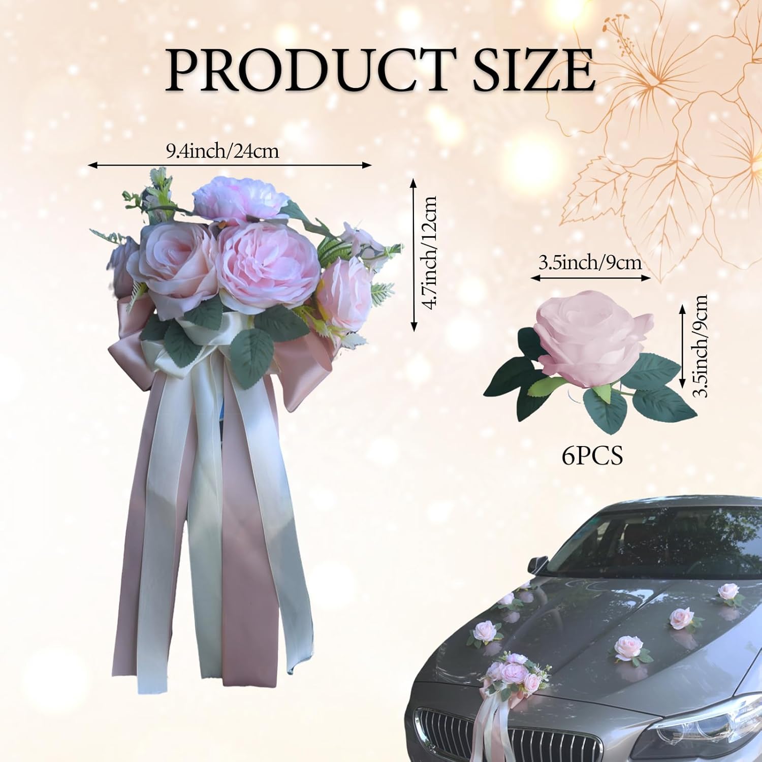 Wedding Car Decoration Garland with Artificial White Flowers and Ribbons Just Married Floral Bouquet with Front Knot for Vehicle Bonnet Hood SUV Truck Bridal Party Car Decor Accessories Pink