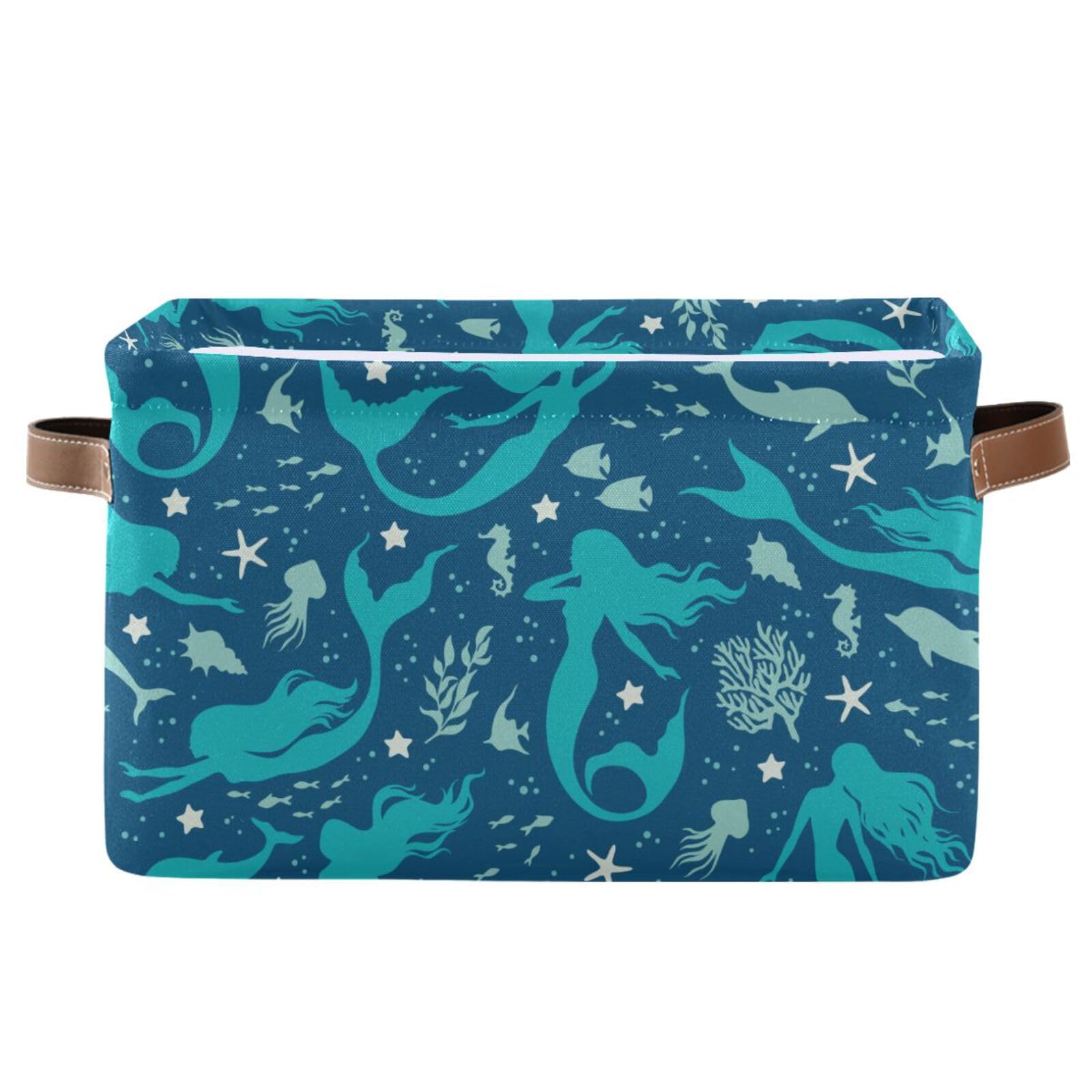 Kigai Mermaids Dolfins and Seaweeds Silhouette Storage Basket, Canvas Organizer With Handles Large Collapsible Storage Bins Boxes for Home Office - 2 Pack