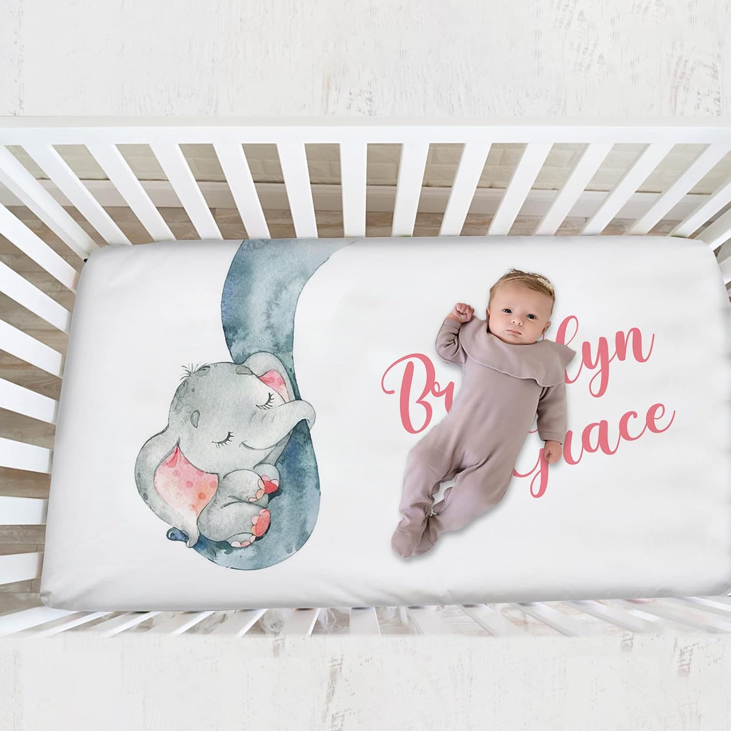Pink Elephant Crib Sheets - Personalized Crib Mattress Sheet with Name, Custom Fitted Crib Sheet for Girls Kids, Portable/Mini-Crib Sheet, Mini Crib Sheet | Name Crib Sheets