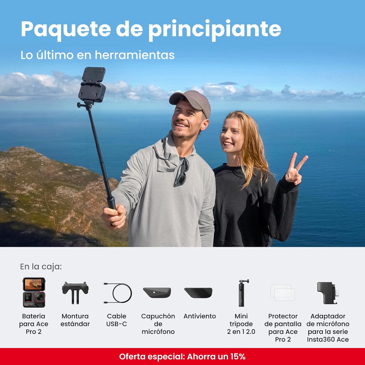 Insta360 Ace Pro 2 Paquete Principiante (1x Batería) – Cámara de acción 8K Impermeable co-diseñada con Leica, Sensor 1/1,3″, Chips IA duales, Superior en luz Baja, Pantalla abatible de 2,5″ 3