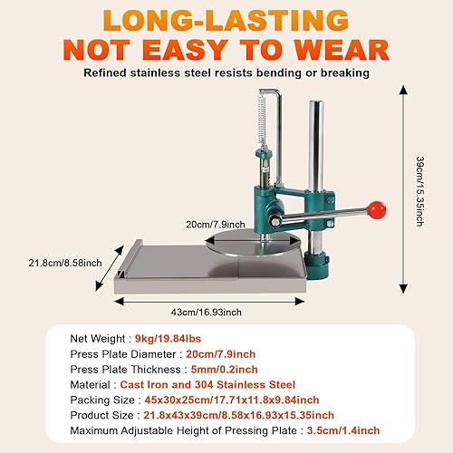 Miniatura 7 de Máquina de prensa de masa de pizza, máquina de prensa manual de pastelería de 9.5 pulgadas, máquina de acero inoxidable para masa de pizza doméstica