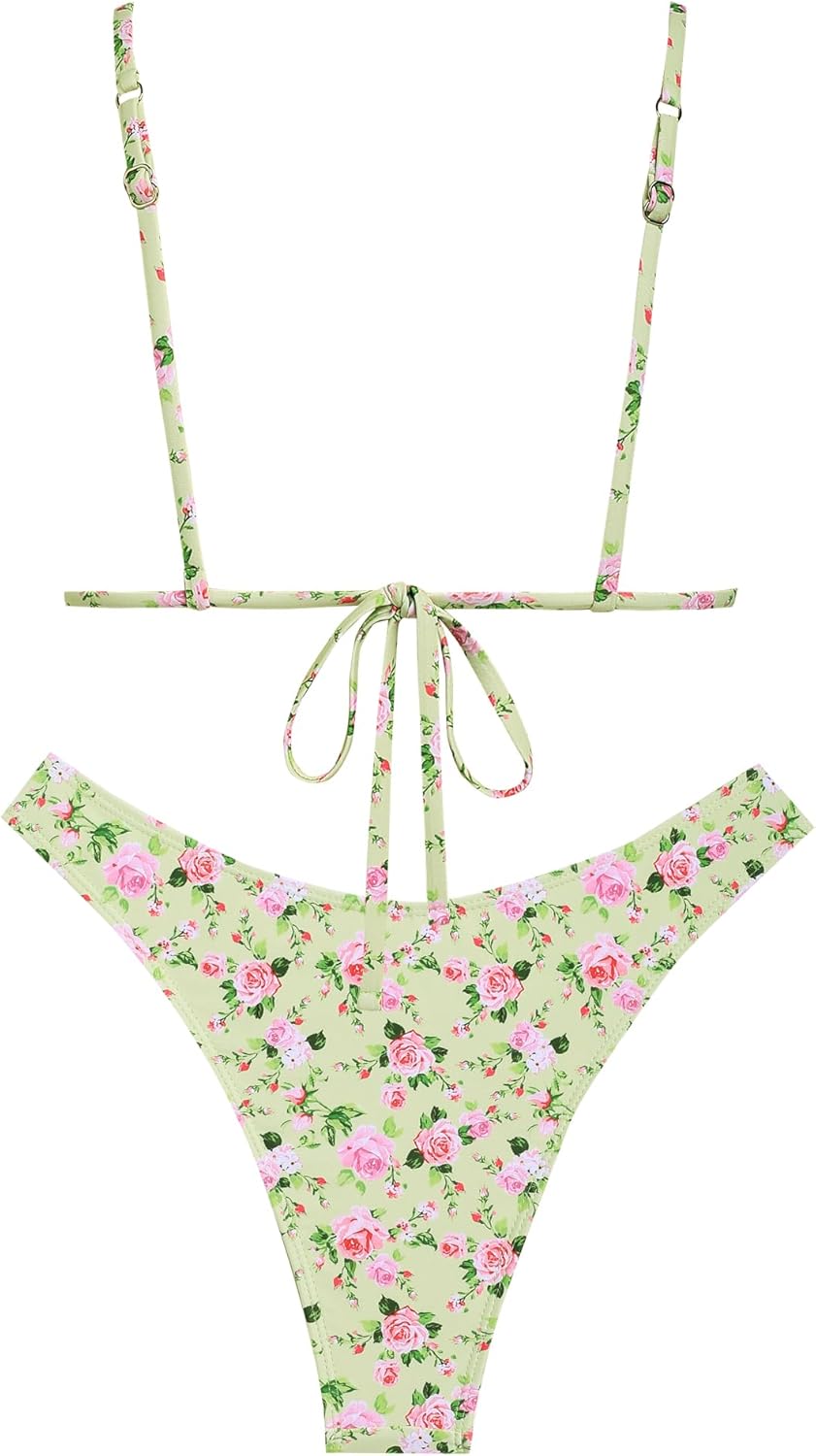seamoly Women's Bikini Sets Tie Back Bowknot Two Piece Swimsuits Triangle Thong Bathing Suit Gingham Floral Cherry Printing - Image 3
