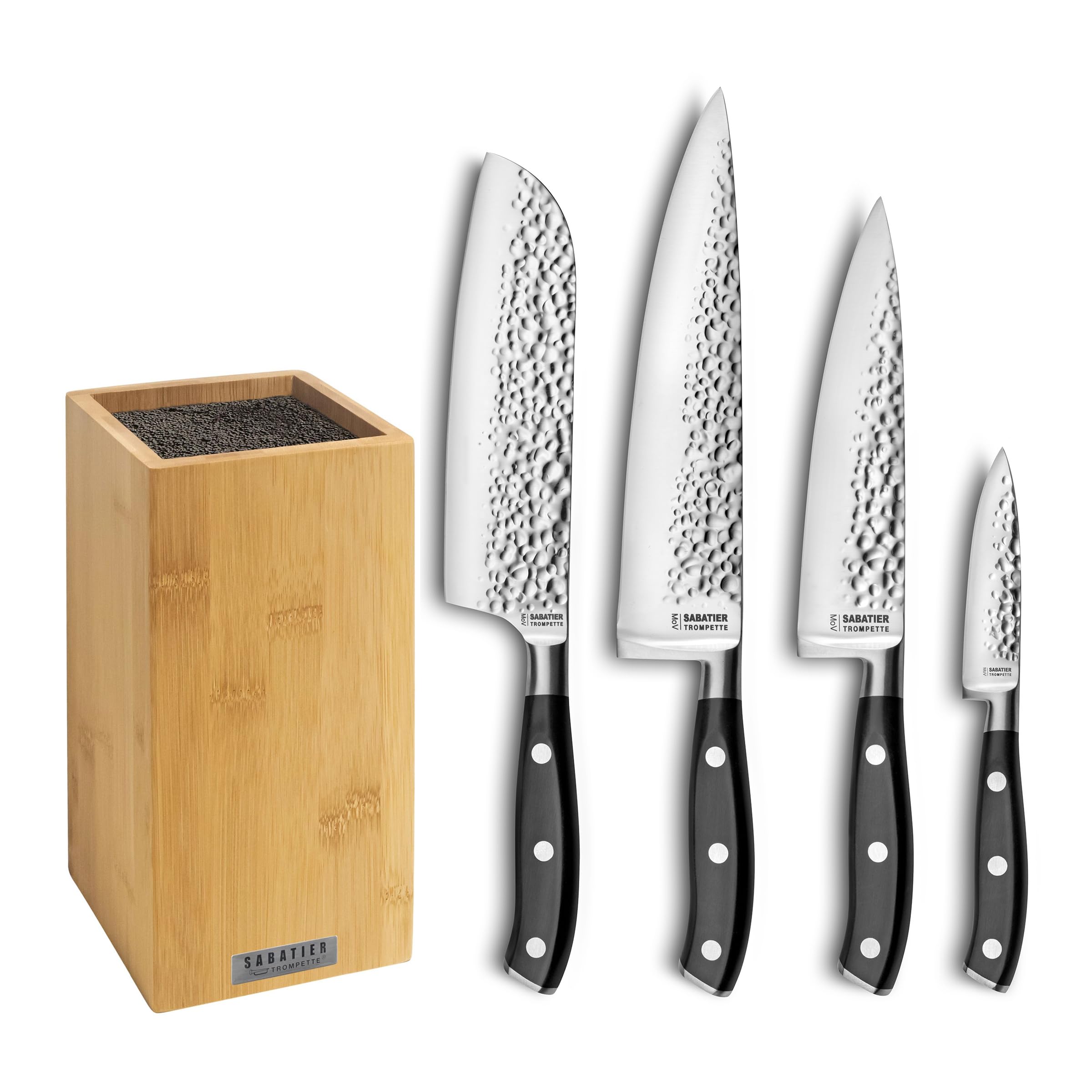 SABATIER TROMPETTE - Bloc tiges spaghetti Bambou avec 4 couteaux de cuisine : Office, 2 Chefs, Santoku - Carbon - Acier 5Cr15MoV finition martelée manche POM avec 3 rivets inox - 26 x 15.5 cm - Inox