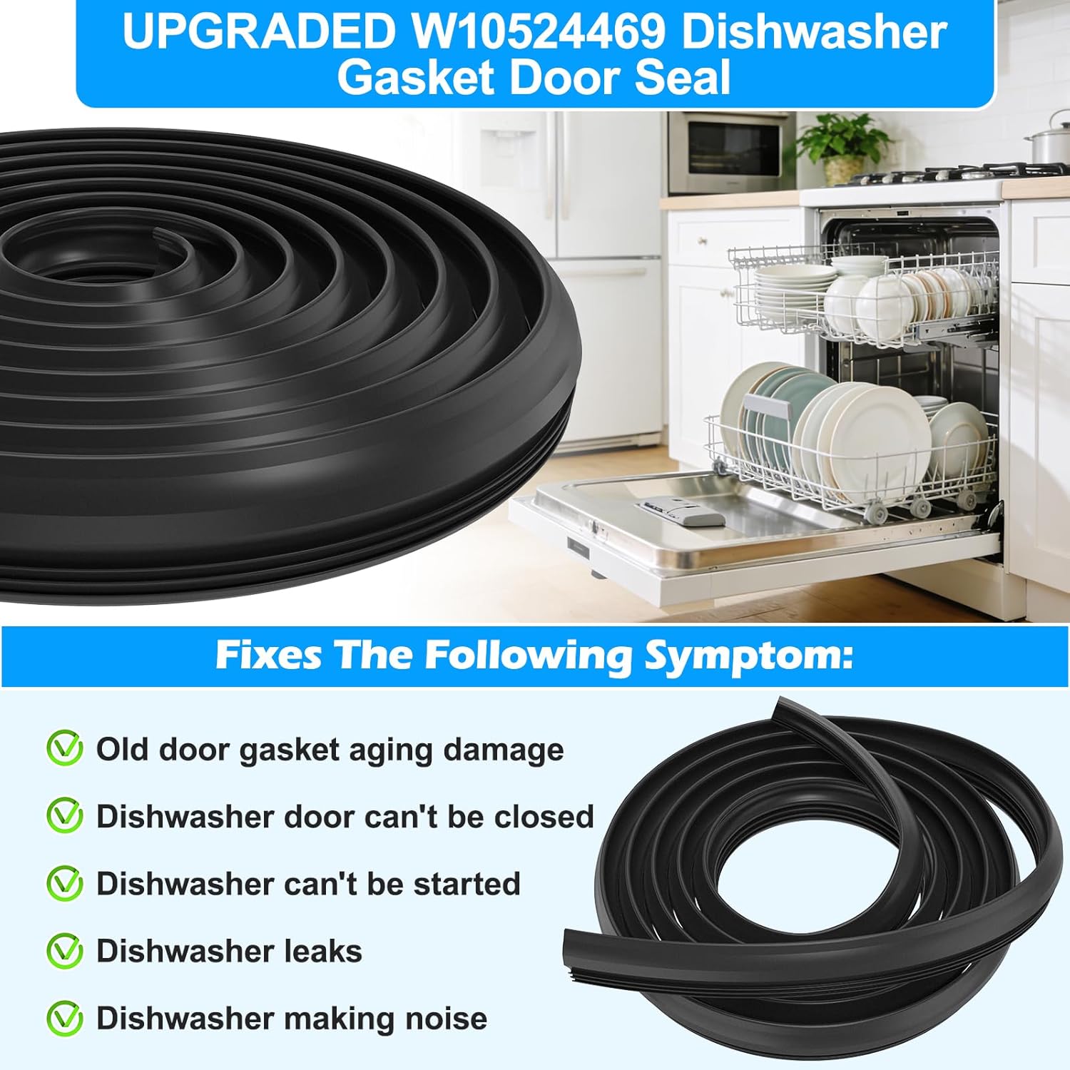 UPGRADED W10524469 WPW10524469 W11725437 W11498831 Dishwasher Gasket Door Seal Compatible with Whirlpool Kenmore Dishwasher 665 Parts W11425053 W11683628 AP8054676 PS18355438 WDF780SLYM2 Tub Gasket