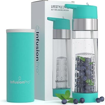 Infusion Pro Fruit Infuser Water Bottle with Straw Lid 24 oz Flip-Up Straw Insulated Sleeve & Fruit Infusion Water eBook Bottom Loading Infuser for More Flavor - Blue Jade